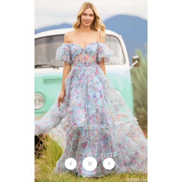 Sherri Hill Light Blue Tulle Floral Printed Prom/Pageant Dress - Picture 2 of 11